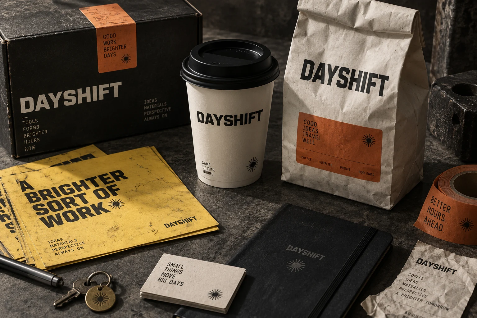 Concept study of fictional DAYSHIFT coffee cups, packaging and signage on a concrete workbench